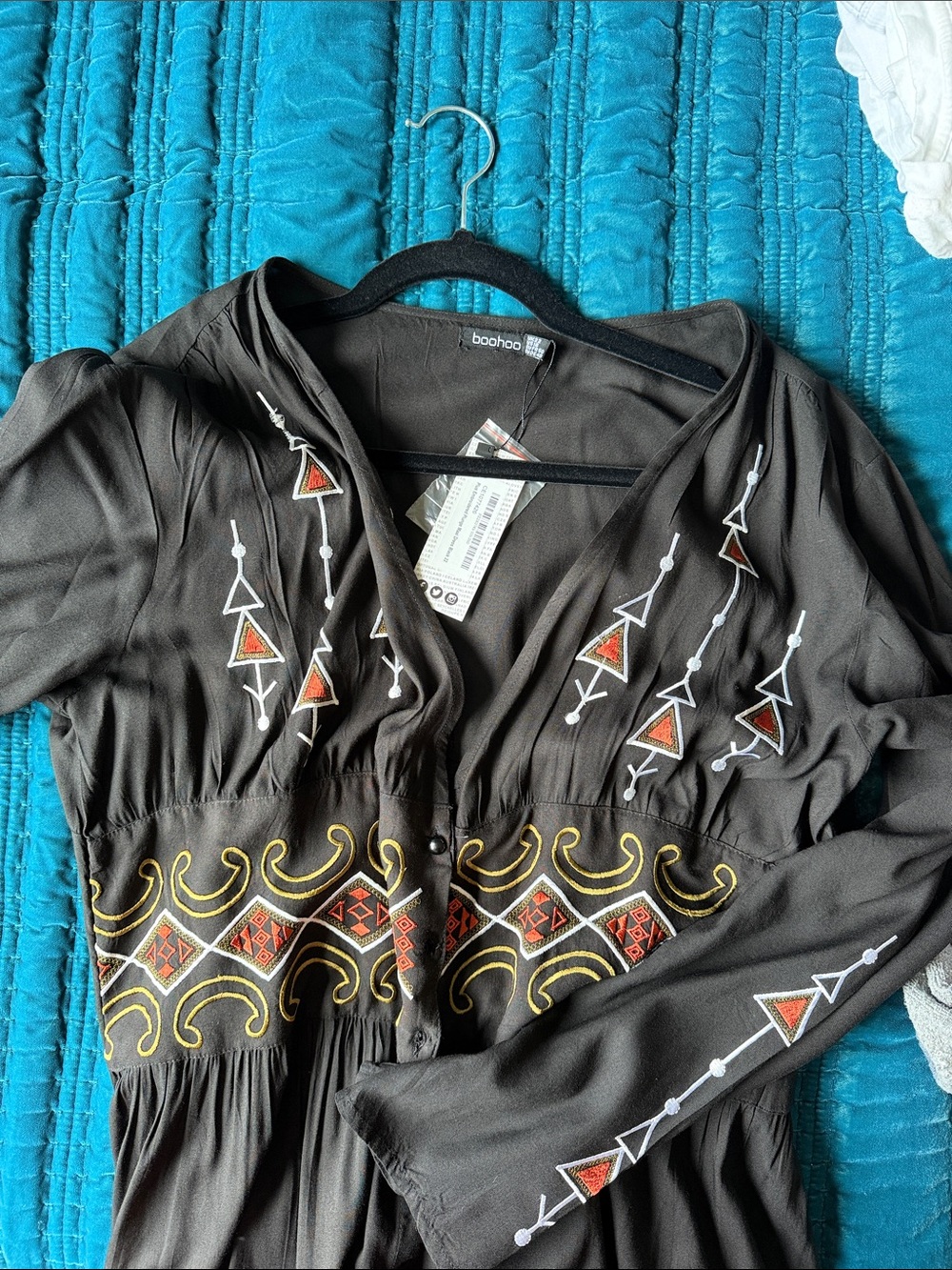 Boohoo Black Embroidered Boho Dress with Rust and Gold Accents